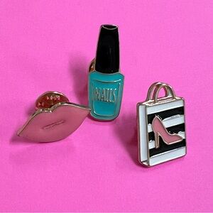 Trendy Enamel Pin Set - Lips, Nail Polish, Shopping Bag